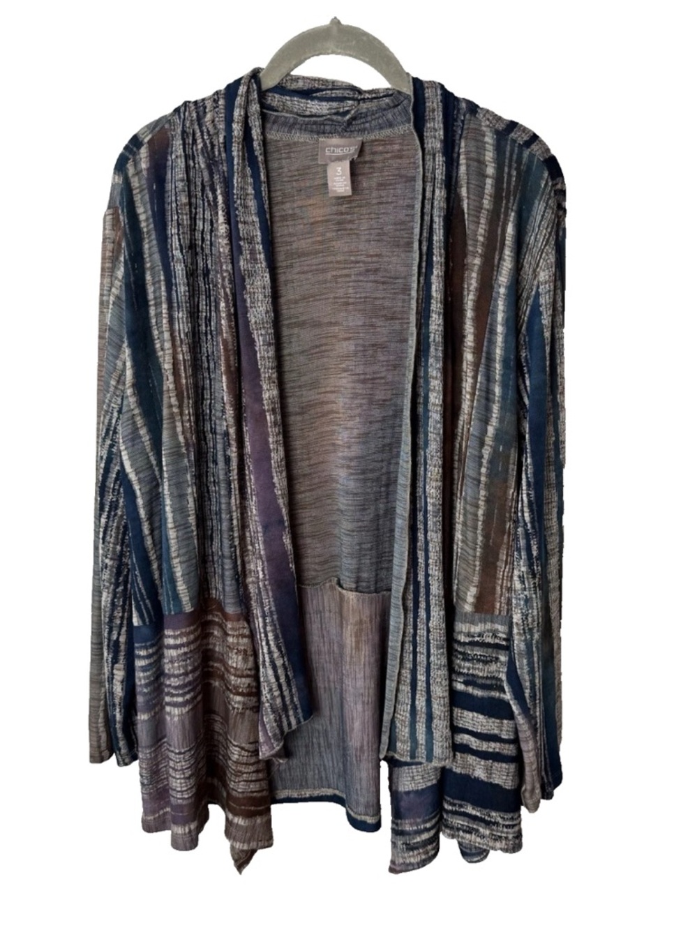Chico's Open Cardigan Sweater Size 3 (XL, 16) 3/4 Sleeves Stretch Blue Brown